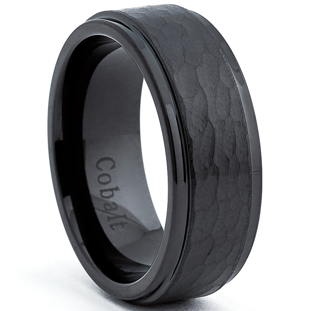 Black Cobalt Men's Hammered Wedding Band Ring, Comfort Fit 8mm