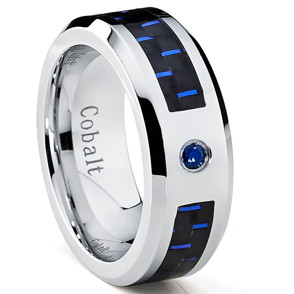 Cobalt Men's Wedding Band Ring with Black and Blue Carbon Fiber