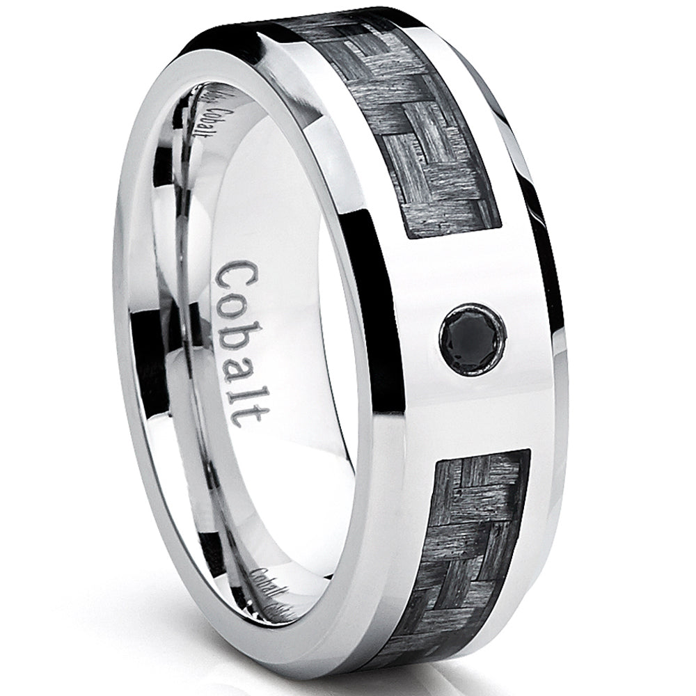 Cobalt Men's Wedding Band Ring with Gray Carbon Fiber Inlay and 0.04 Black  Diamond, 8mm Sizes 8-12 - Silvertone / 8