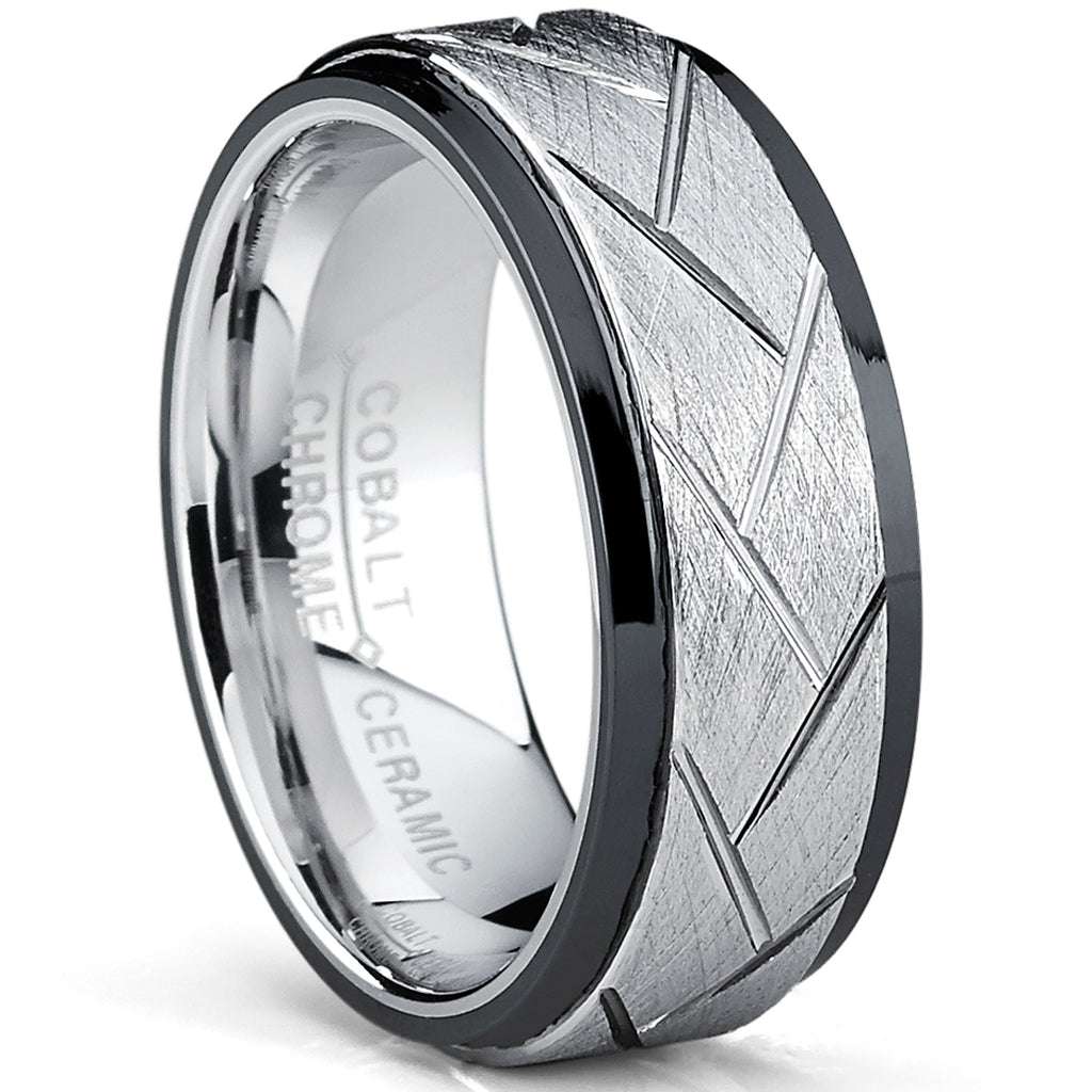 Men's Two Tone Cobalt and Black Ceramic Combo, Brushed Grooved Wedding Band Ring Sizes 7 to 13