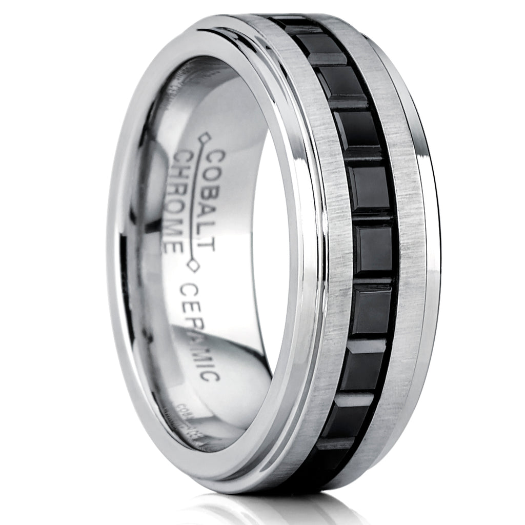 Men's Two Tone Brushed Cobalt Wedding Band Ring With Princess cut Design Black Ceramic, 8mm Comfort Fit