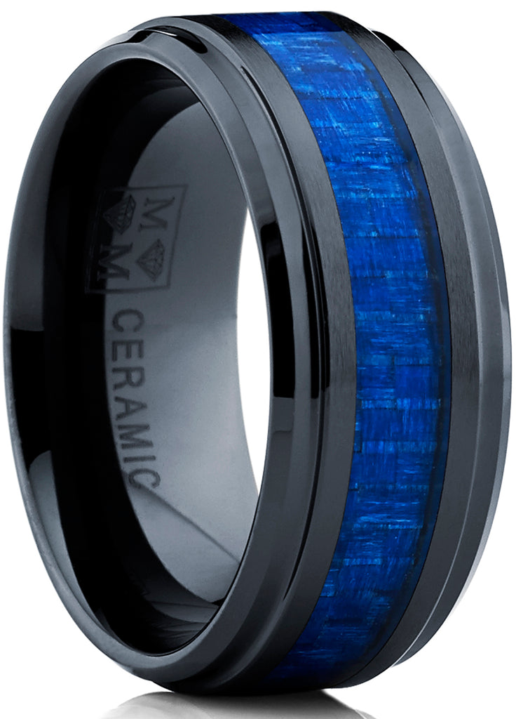 Men's Black Ceramic Beveled Edge Wedding Ring Band with Real Blue Carbon Fiber Inlay, 9MM Comfort Fit