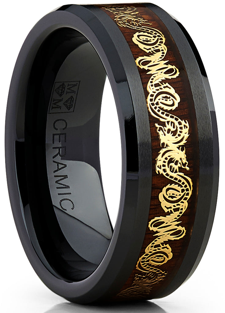 Black Ceramic Men's Wedding Ring Band Goldtone Color Dragon Design Over Wood Inlay