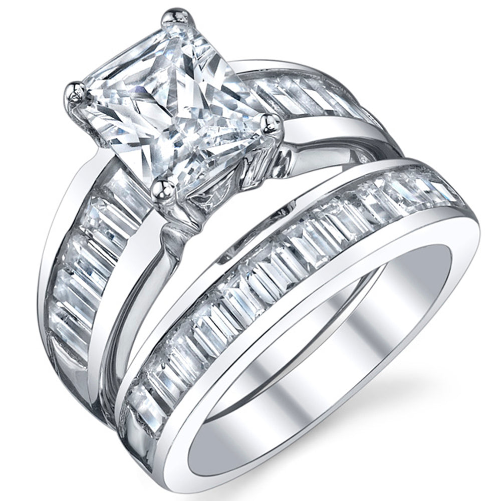 Women's Sterling Silver 3 Carat Radiant Cut Cubic Zirconia Engagement Ring Wedding Bridal Set Rings CZ