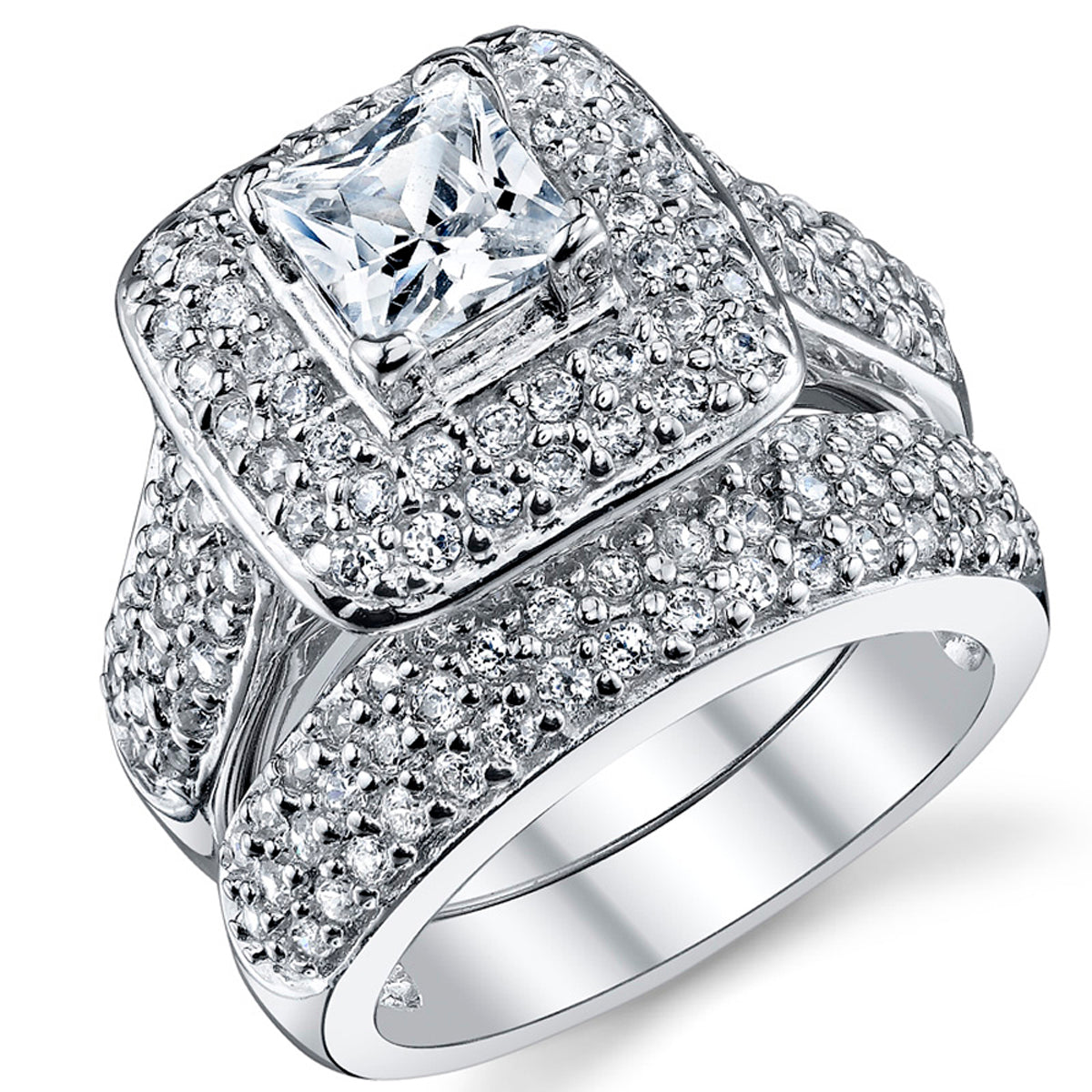 Women's Sterling Silver 925 Princess-cut Double Halo Cubic