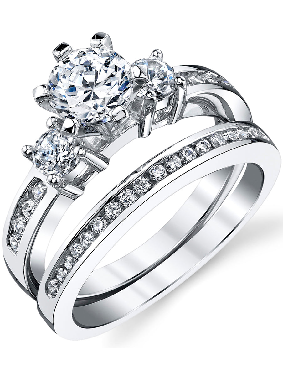 Women's Sterling Silver Wedding Engagement Ring TCW 2Pc Set