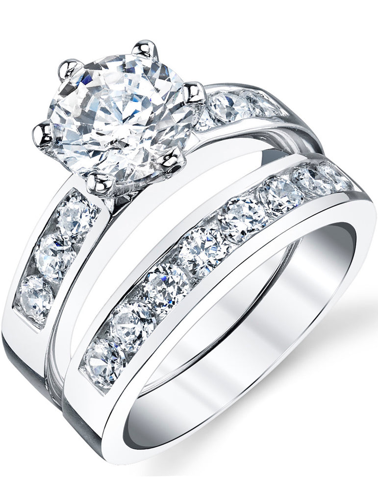 Women's Sterling Silver 925 2.00 Carat Engagement Ring Wedding Set 2-Pc Cubic Zirconia