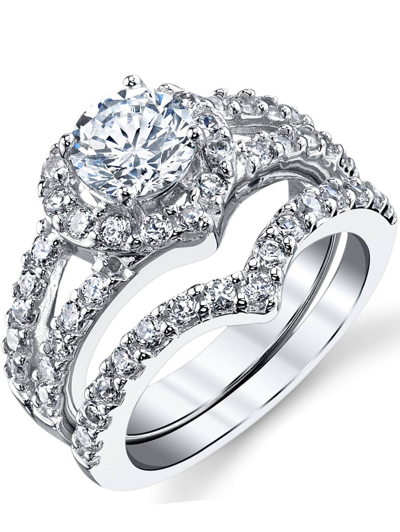 2 Pcs Retro Luxury 925 Sterling Silver Shiny Full Diamond AAA Cubic  Zirconia Solitaire Rings Set CZ Diamond Ring Set Eternity Engagement  Wedding Band