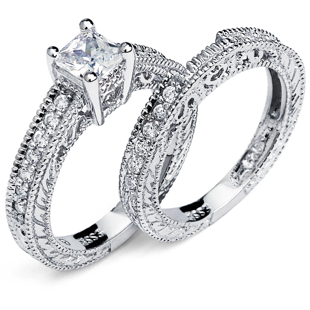 Women's Sterling Silver 925 Princess Cut Carved Bridal Set