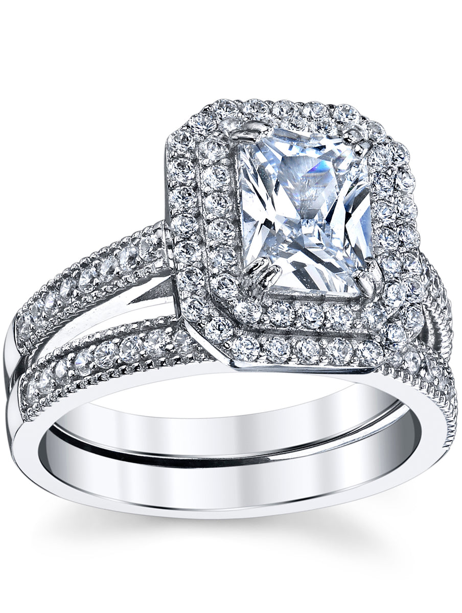 Espere Sterling Silver 2 Carat CZ Solitaire Engagement Ring - Round With Baguette Sidestones, Bridal Jewelry