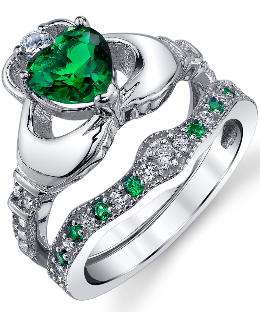 Sterling Silver 925 Heart Shape Claddagh Engagement Ring Wedding Bridal Sets with Green Simulated Emerald Cubic Zirconia