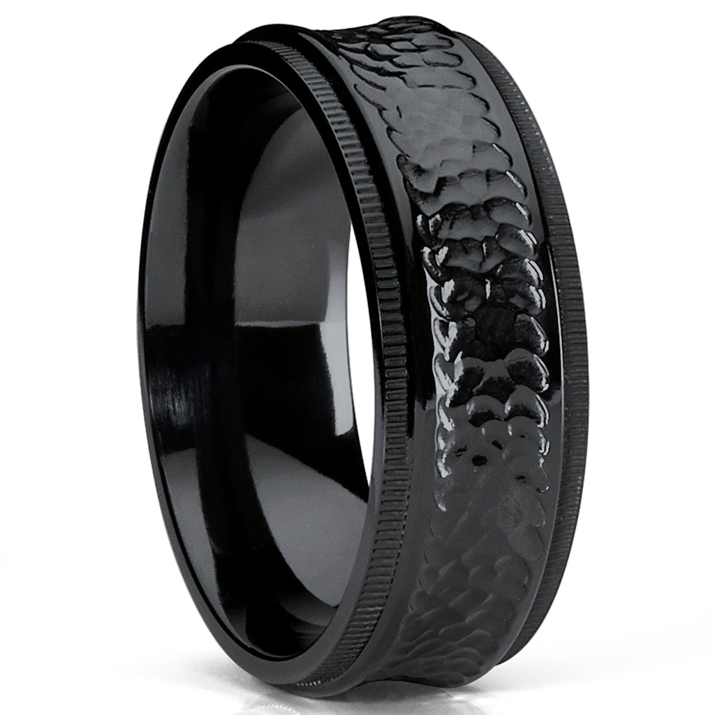 8MM Black Hammered Titanium Wedding Band Ring with Milgrain Edges, Comfort Fit
