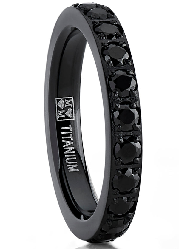 Women's 3MM 1.75Ct Black Titanium Eternity Engagement Band Wedding Ring Black Pave Set CZ