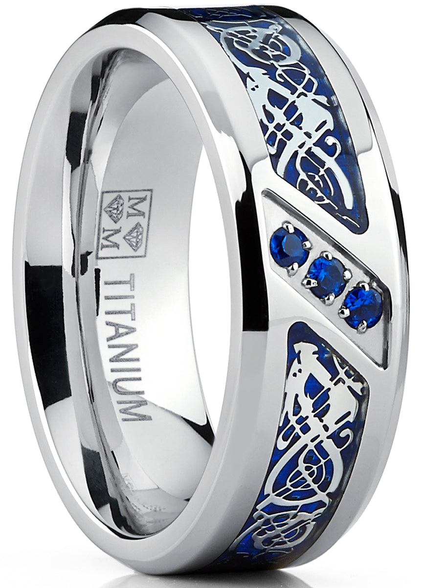 Men's Titanium Wedding Ring Band with Dragon Design Over Blue