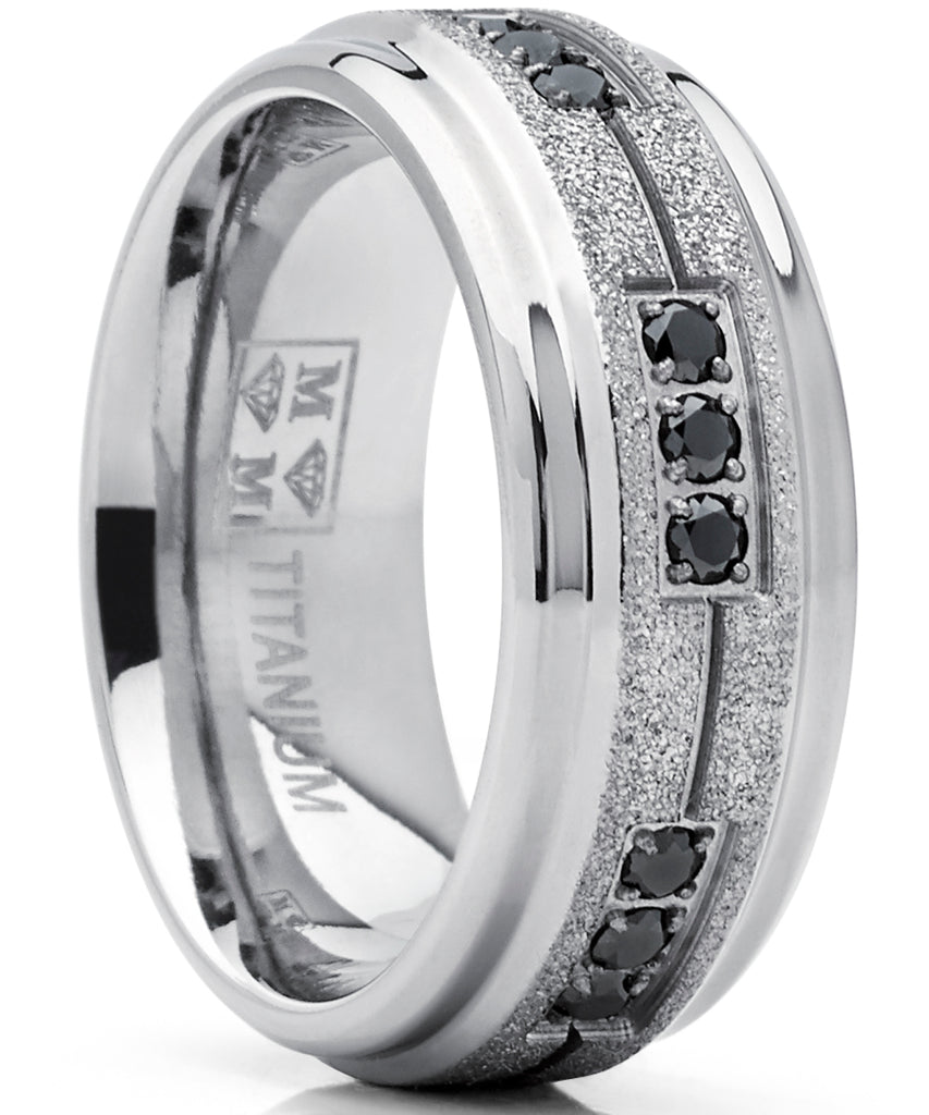 Men's Titanium Black Trinity Cubic Zirconia Ring Wedding Band With Shimmer Finish 8mm Comfort Fit