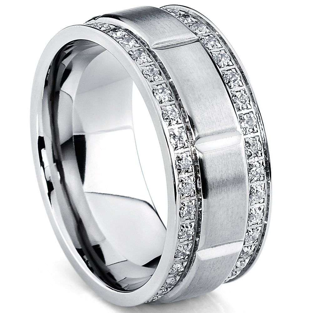 Men's Titanium Wedding Band Ring Double Row Cubic Zirconia CZ