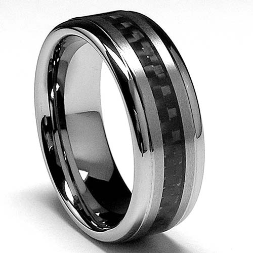 8MM Men's Tungsten Carbide Ring, Band W/ Black Carbon Fiber Inaly