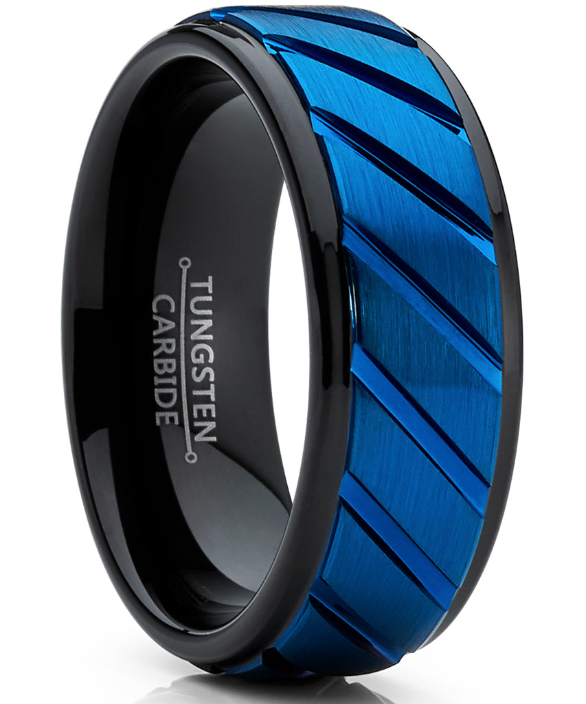 Tungsten Carbide Black and Blue Wedding band Engagement Ring with Grooved Raised Center, Comfort Fit