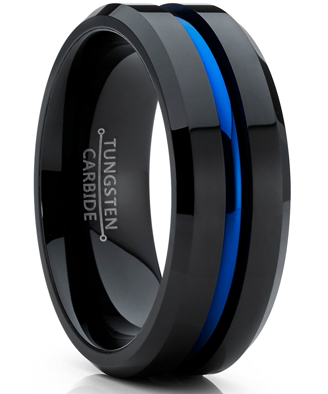 Tungsten Carbide Black And Blue Wedding Band Engagement Ring With Grooved Raised Center, Comfort Fit