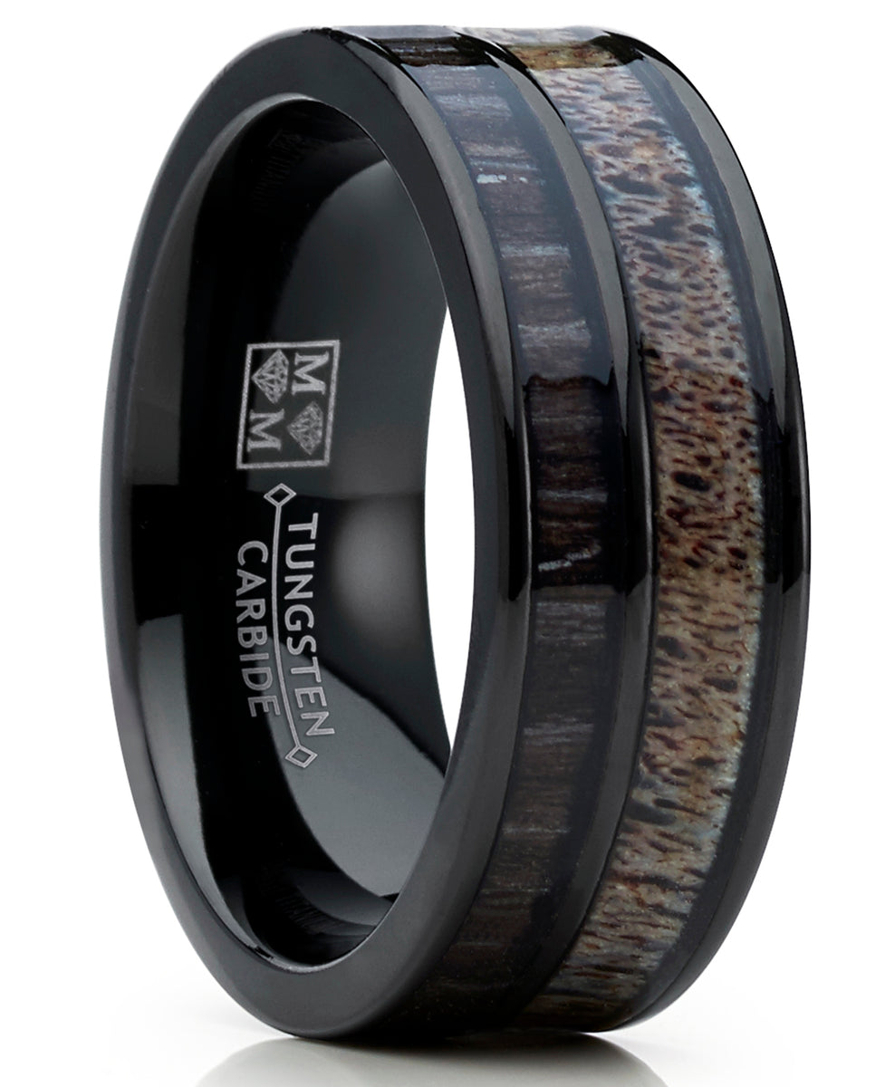 Men's Tungsten Ring Wedding Band Real Deer Antler Koa Wood Outdoor