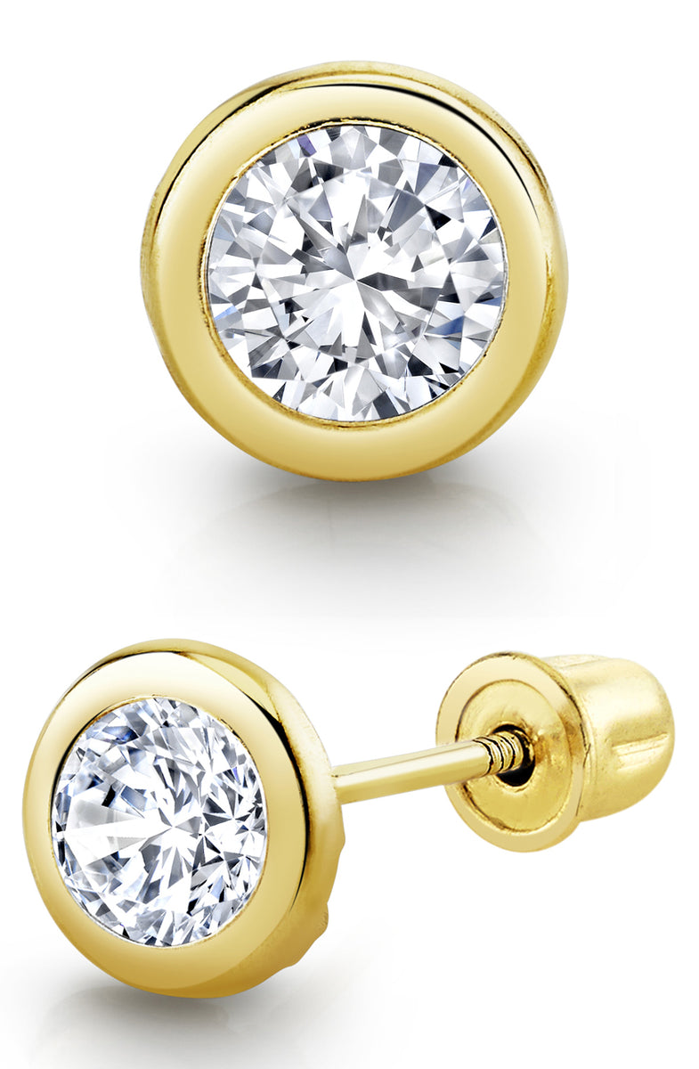 14K Yellow Gold Round Solitaire Cubic Zirconia CZ Stud Screw Back Earrings  - 2ct (8mm) 