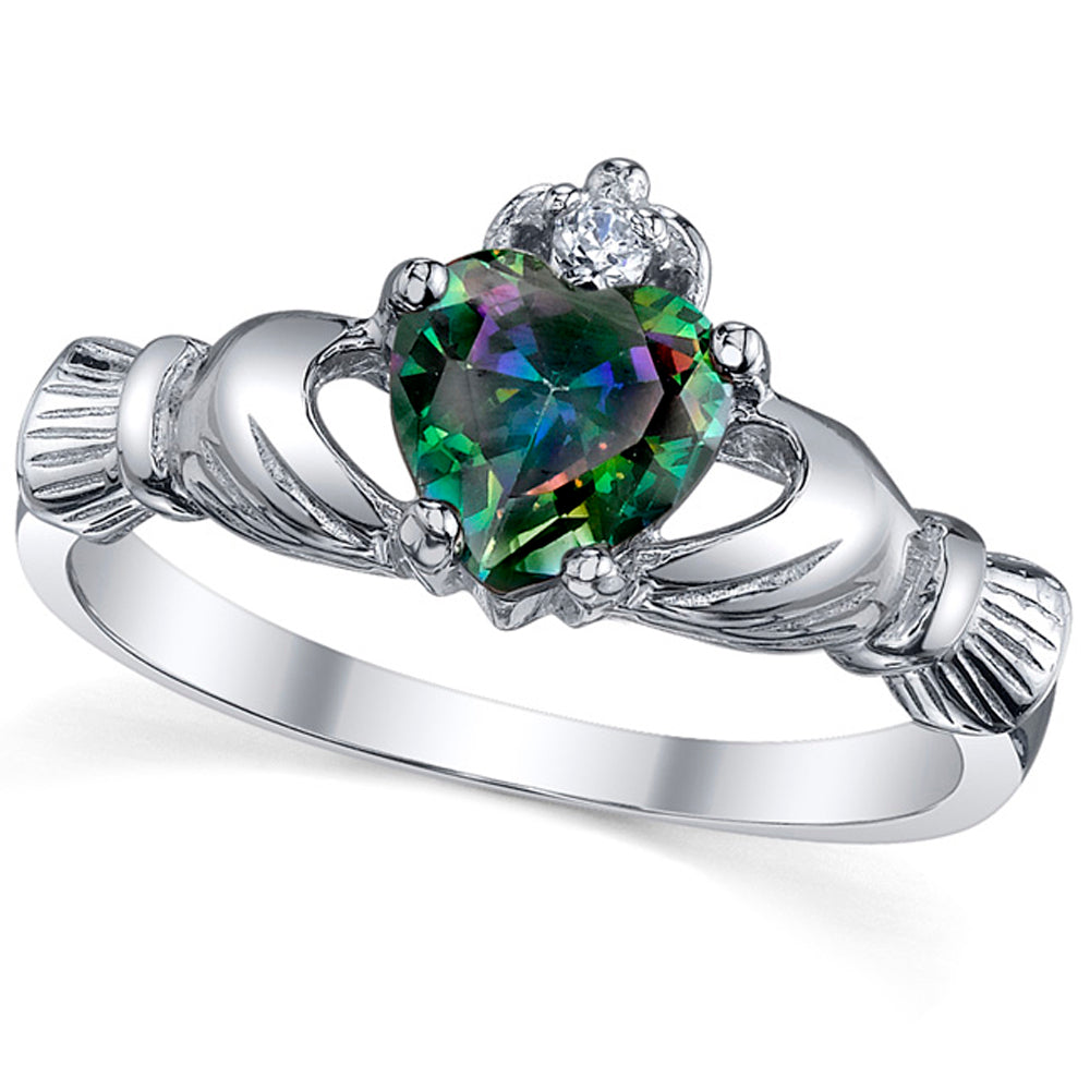 Women's Sterling Silver 925 Irish Claddagh Friendship Love Mystic Rainbow  Simulated Topaz Heart Cubic Zirconia Ring