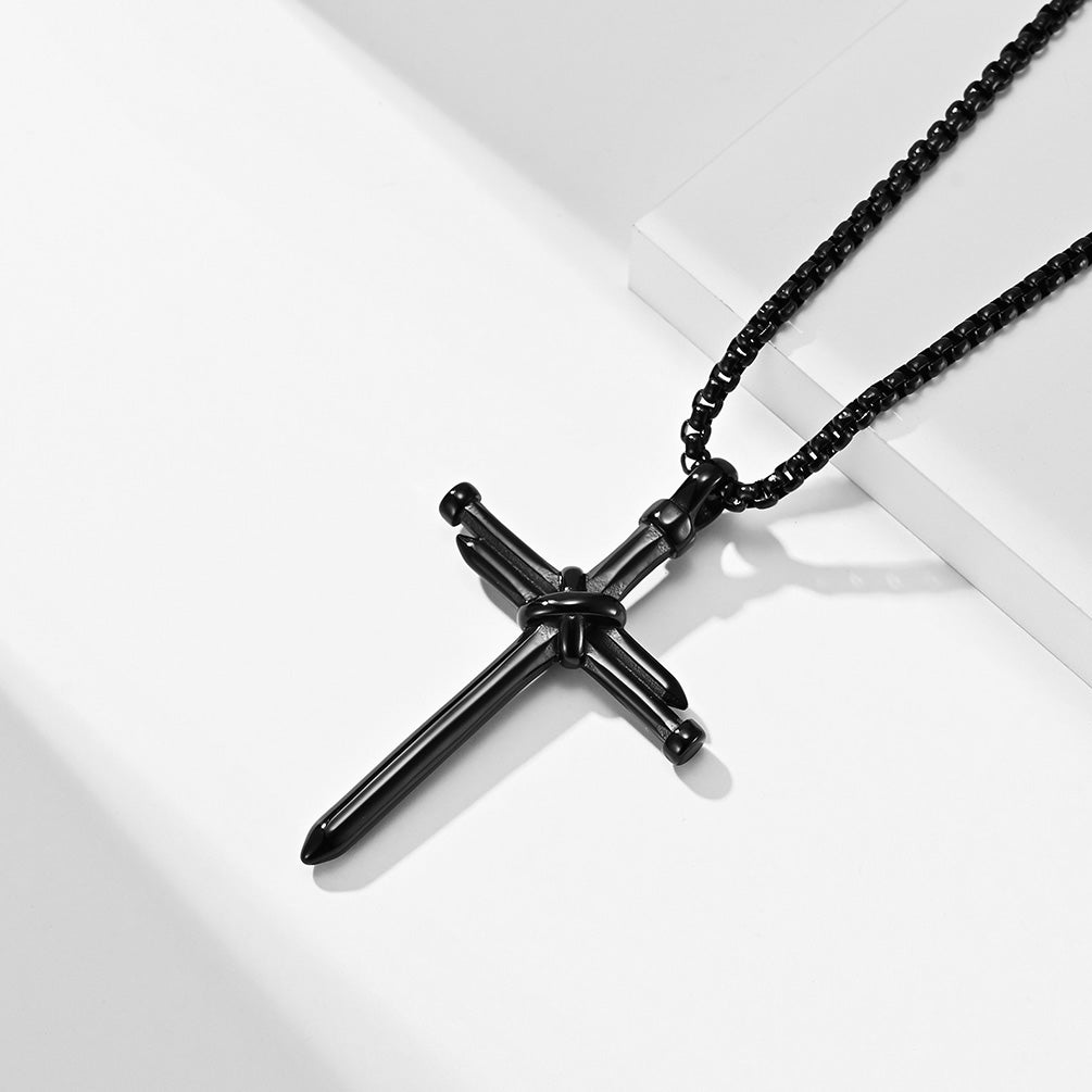 Men's Black Stainless Steel Three Nail Cross Pendant 24