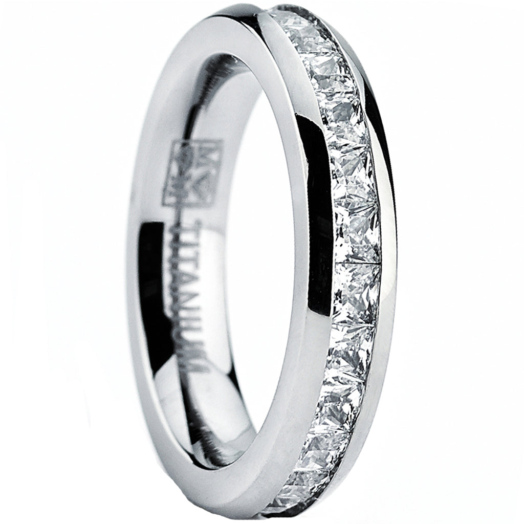 Women's 4MM High Polish Princess Cut Ladies Eternity Titanium Ring Wedding CZ Sizes 4-11