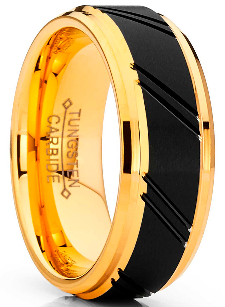 Men's Duo Tungsten Carbide Wedding Band Black and Gold Tone Ring Comfort Fit 8mm
