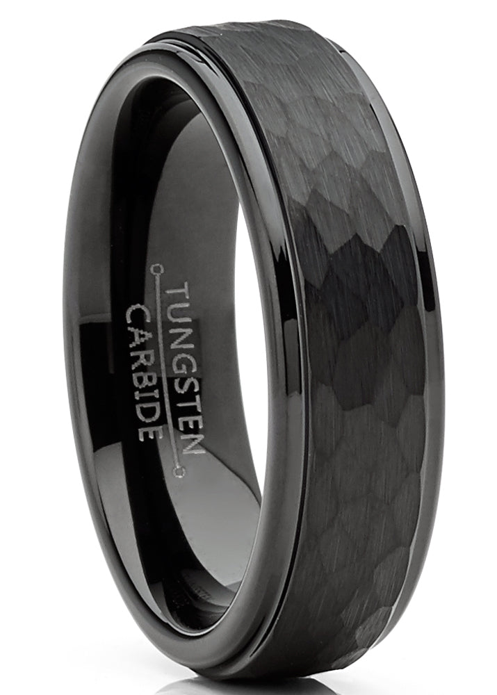 Mens Tungsten Black Wedding Band Ring Hammered Center Comfort-Fit