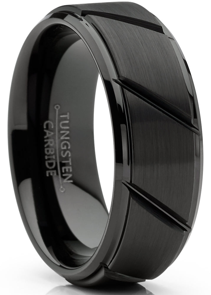 Black Brushed Tungsten Wedding Ring for Men with Diagonal Grooves in popular Black Center Step Edges, 8MM Wedding, Men's Tungsten Engraved Ring,