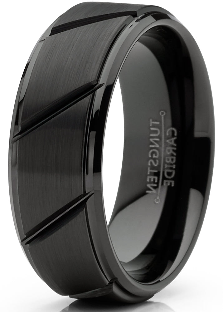 thumbnail image 2 of 2pc Black Tungsten Wedding Band Set – Brush Bevel Edge Comfort Fit Rings (Sizes 4-15) 2 of 4