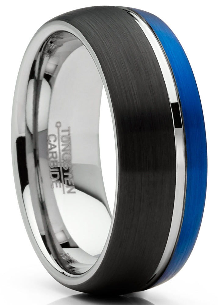 Silver And Blue Tungsten Ring Mens Tungsten Ring Dome Wedding Band Groove  Black Blue Silver