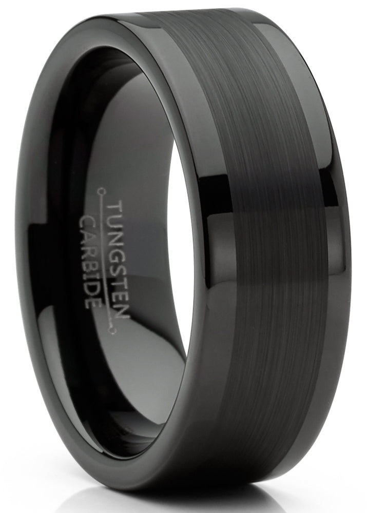 Mens Tungsten Ring Black Wedding Band High-Polish Comfort-fit 8MM 