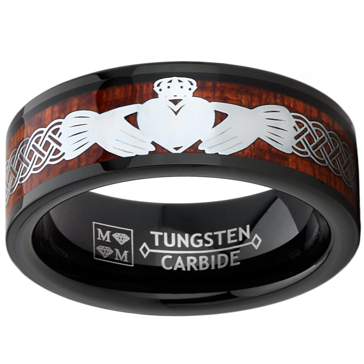 Men's Tungsten Irish Celtic Claddagh Wedding Band Wood Inlay 8MM