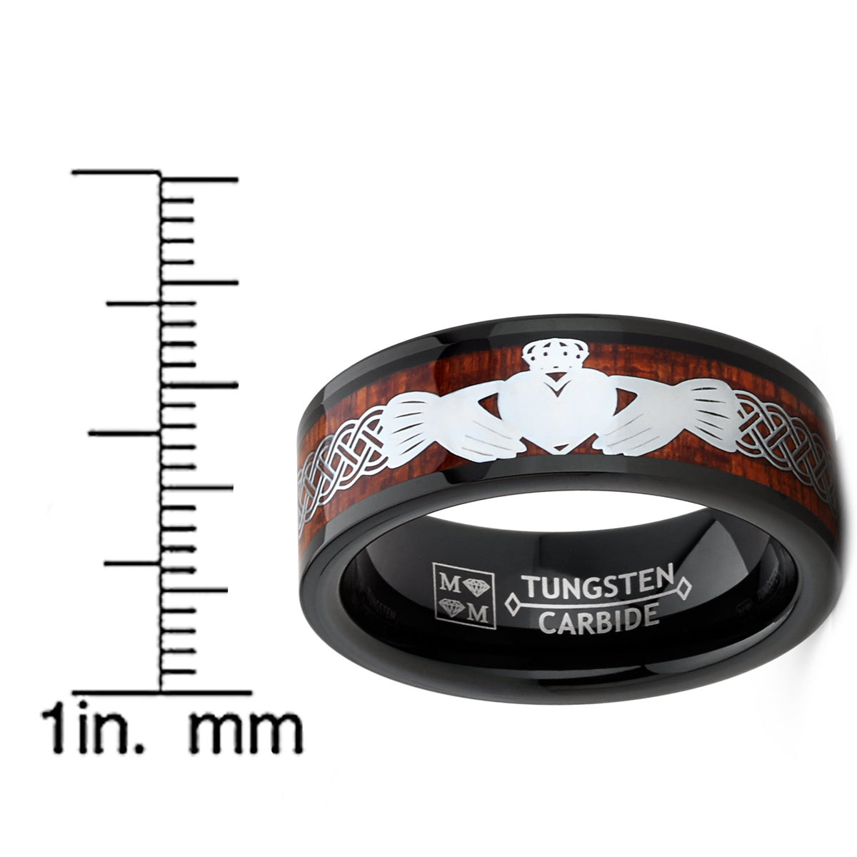 Men's Tungsten Irish Celtic Claddagh Wedding Band Wood Inlay 8MM