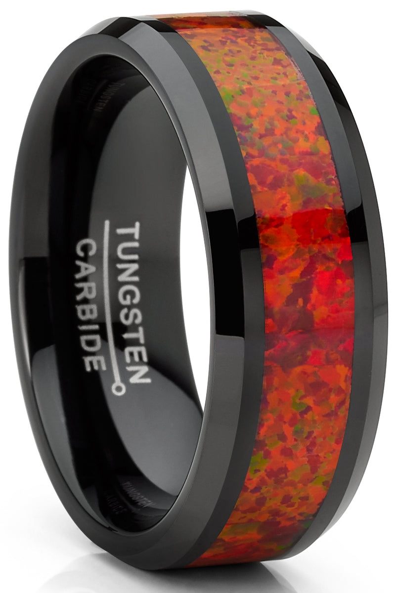 Men's Red Fire Crushed Opal Tungnsten Wedding Band Ring Black 8MM