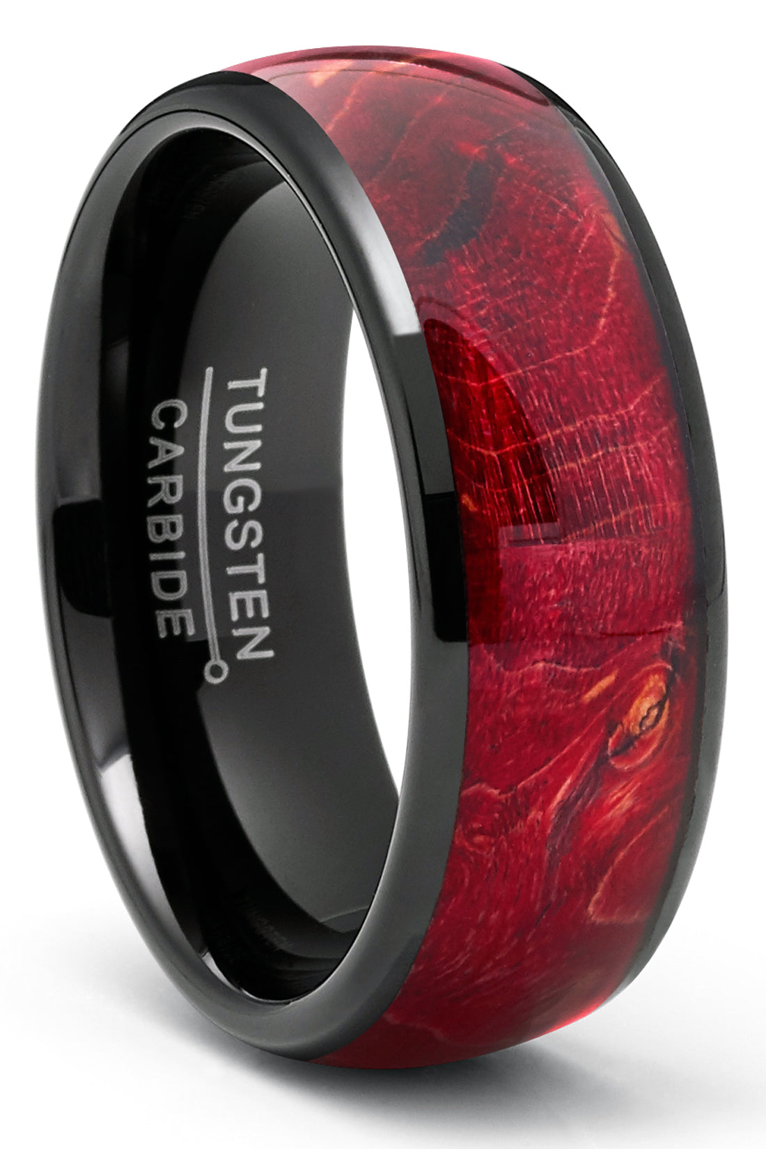 Men's Black Tungsten Ring Wedding Band Red Wood Burl 8MM Comfort