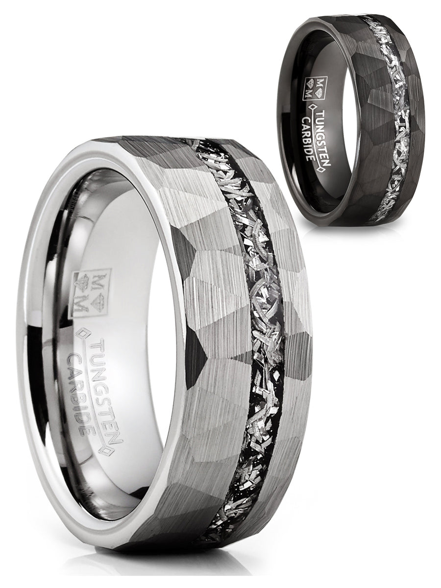 Anillo De Boda Para Hombre De Carburo De Tungsteno – Negro Con Borde Plateado, Talla Q
