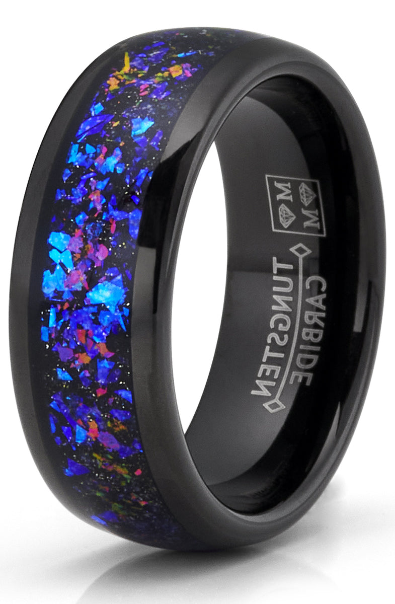 100S JEWELRY Men's Tungsten Ring With Orion Nebula Opal Inlay – Black Sandblasted Finish, Sizes 6-16, For Engagement, Wedding, Or Promise