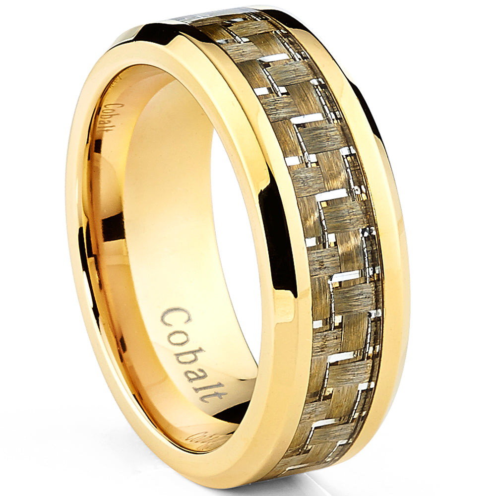 Goldtone Plated Men's Cobalt Wedding Band Ring with Yellow Carbon Fiber Inlay, 8mm Sizes 7 to 13