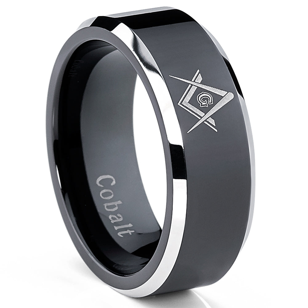 Men's Two Tone Black Masonic Cobalt Ring Band, Comfort Fit 8mm, Sizes 7 to 13