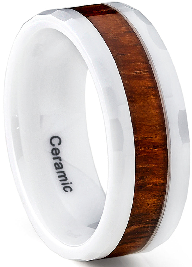 Faceted White Ceramic Men's Wedding Band Engagement Ring With Hawaiian Koa Wood Inaly, 8mm