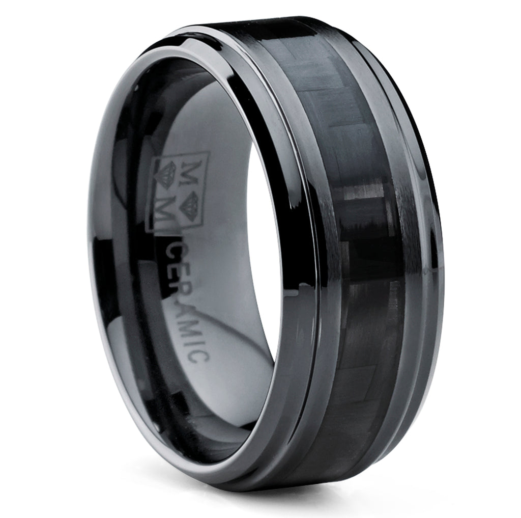 Men's 9MM Black Ceramic Wedding Band Ring with Wide Black Carbon Fiber Inlay, Comfort Fit