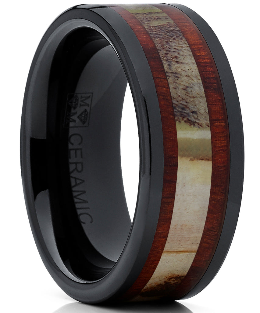 Men's Black Ceramic Ring Wedding Band with Real Antler and Koa Wood Inlay, Outdoor Hunting, Comfort Fit