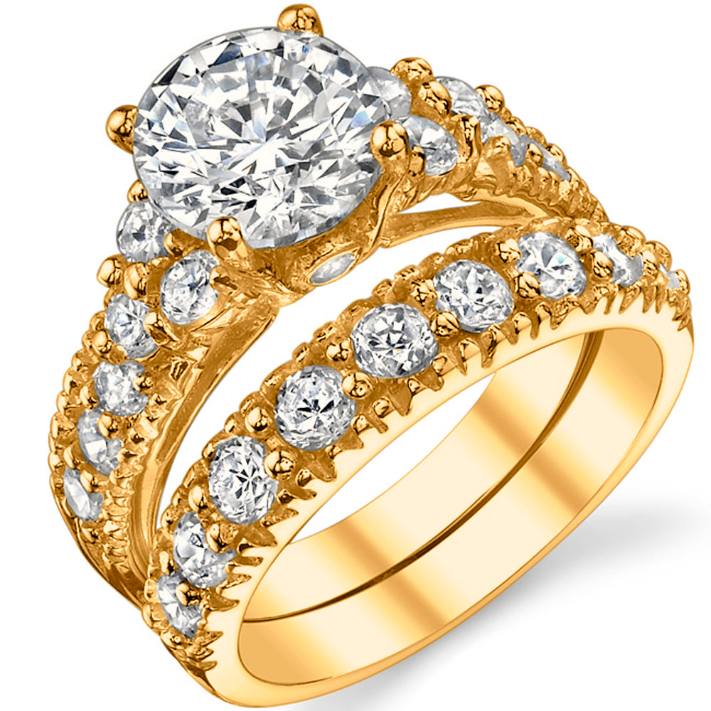 Gold Tone Over Solid Sterling Silver 925 Engagement Ring Set Bridal Rings with 2 Carat Round Cut Cubic Zirconia Center