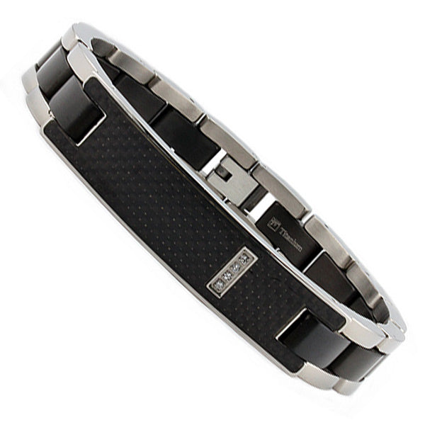 Men's Titanium ID Bracelet with Black Carbon Fiber Inlay and CZ 8.5"