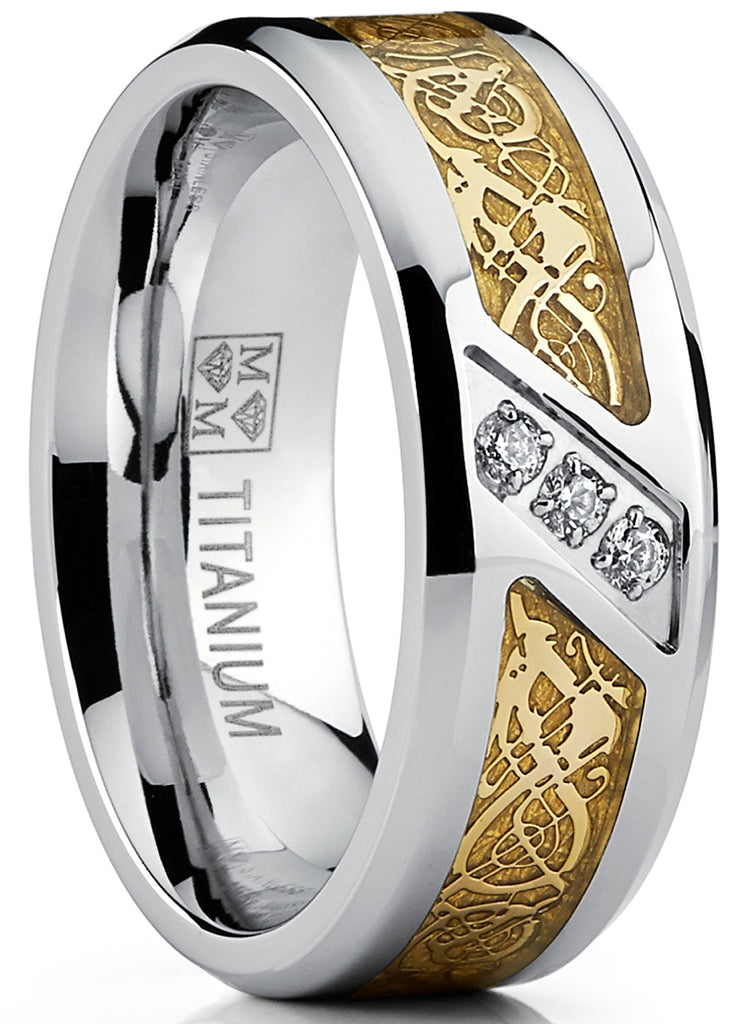 Men's Titanium Wedding Ring Engagement Band with Dragon Design and Cubic Zirconia, Comfort Fit