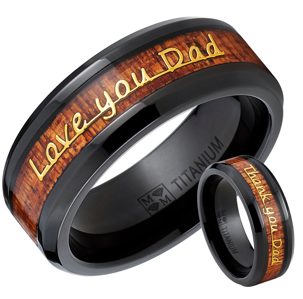 Men's Black Titanium Love you Thank you Dad Father's Day Ring Band Wood Inlay