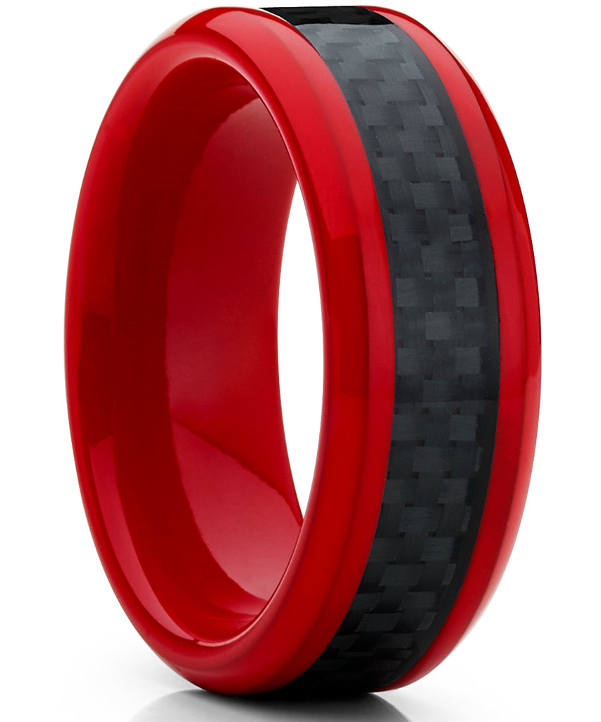 8MM Red Tungsten Ring Men's Wedding Band with Black Carbon Fiber Inlay, Comfort Fit